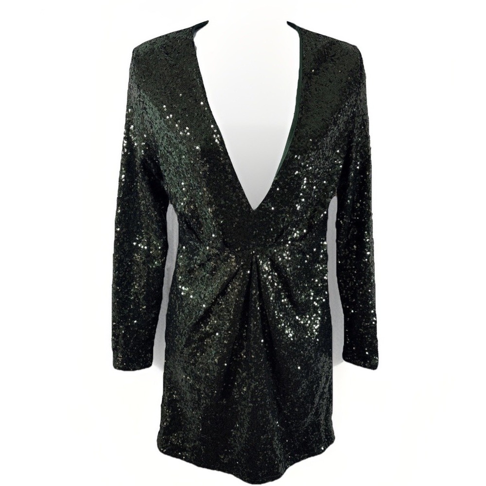 Charlotte‎ Russe Emerald Sequin Dress Jr SzM Deep V Long Sleeve Mini Exposed Zip